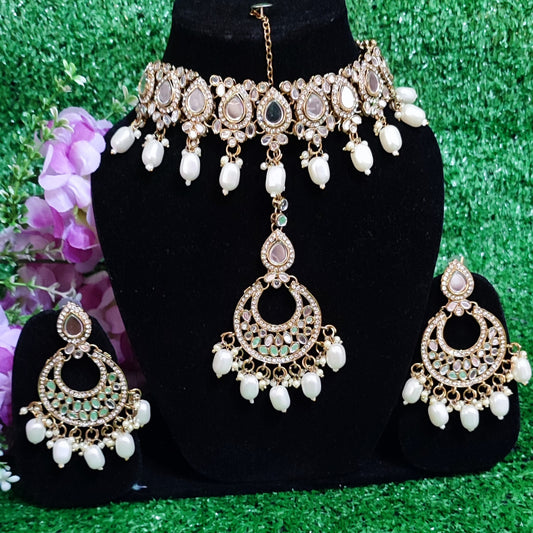 Stylish Mirror Set Necklace, Earing with Tikka