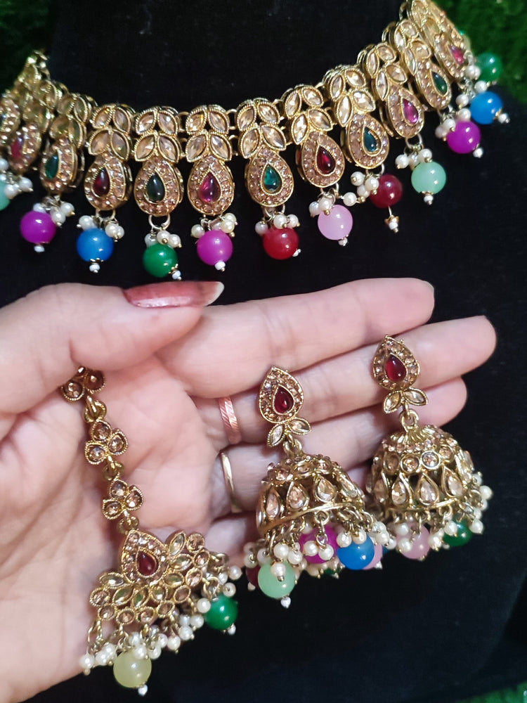 Polki necklace chumki with tikka multicolour beautiful design