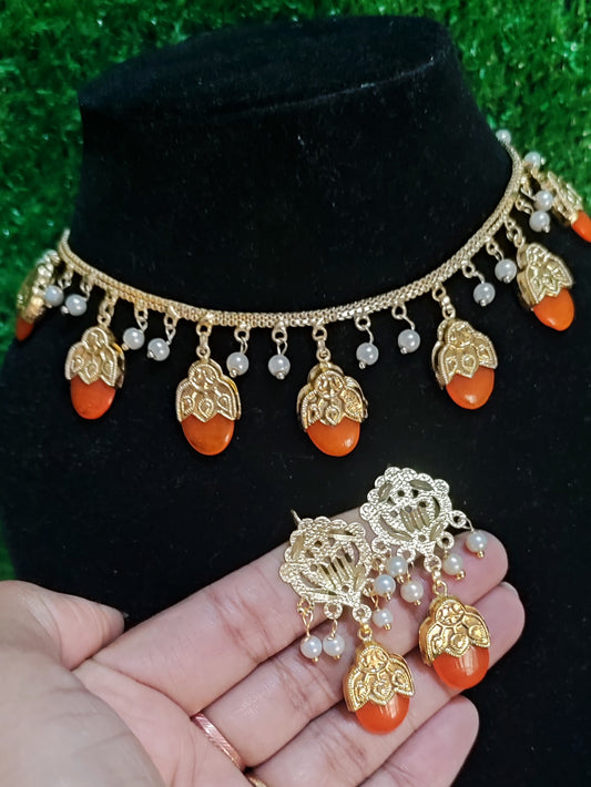 Dakha wala set most popular neckline with earring gold polish Orange colour