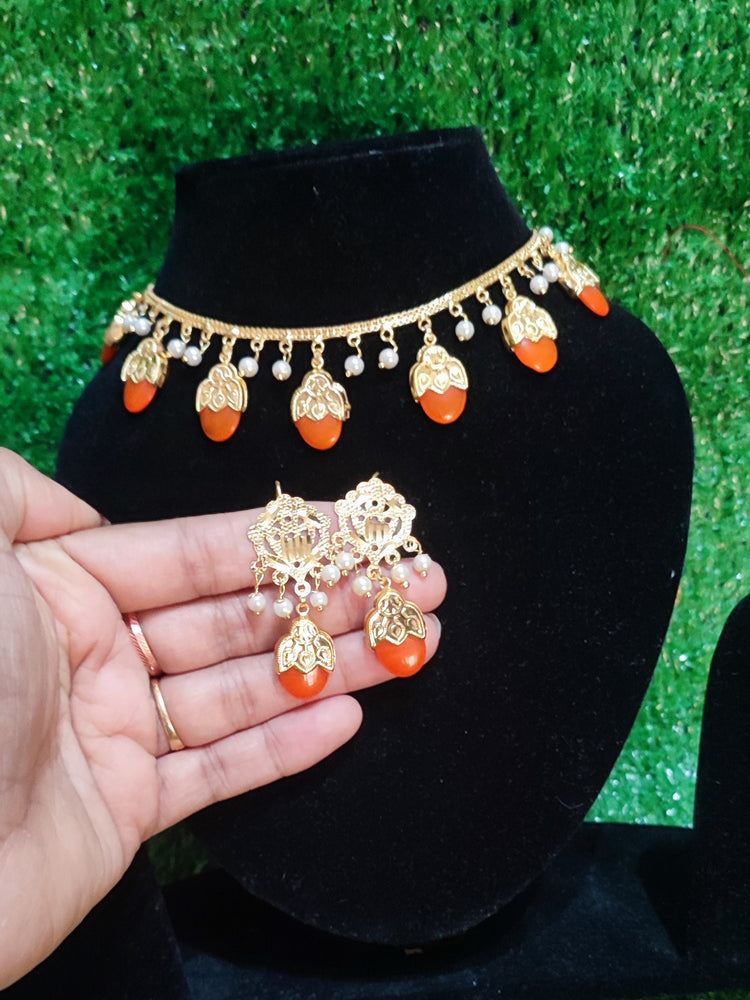 Dakha wala set most popular neckline with earring gold polish Orange colour