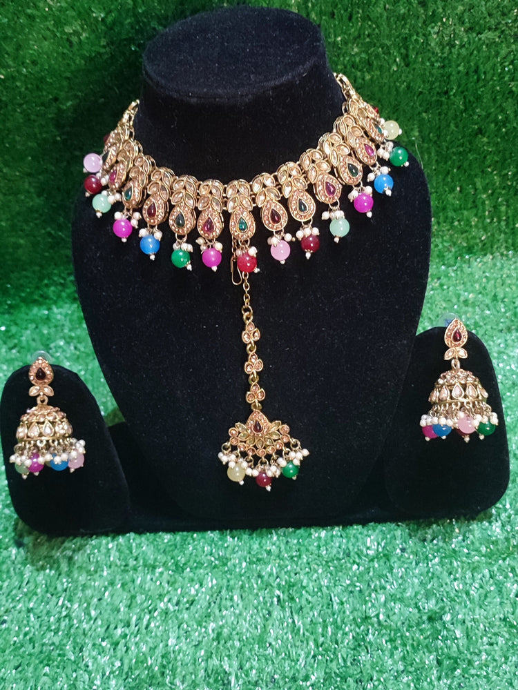 Polki necklace chumki with tikka multicolour beautiful design