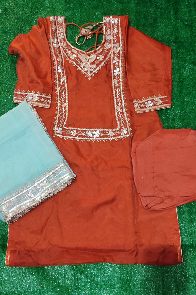 Soft orgenja shirt with silk salwar ,orgenja dupata four side lace work size 42(XL)